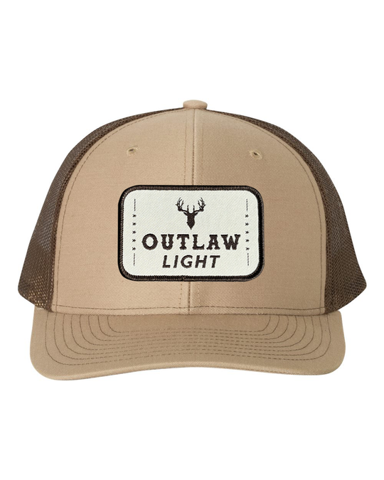 Outlaw Light Patch Trucker Hat: Khaki/Coffee